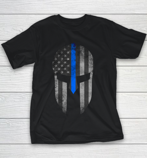 Thin Blue Line American Flag Spartan Helm Youth T-Shirt