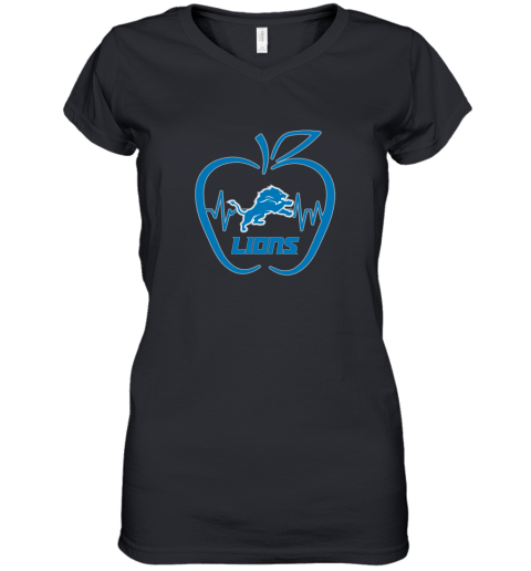 Apple Heartbeat Teacher Symbol Detroit Lions Women's V-Neck T-Shirt
