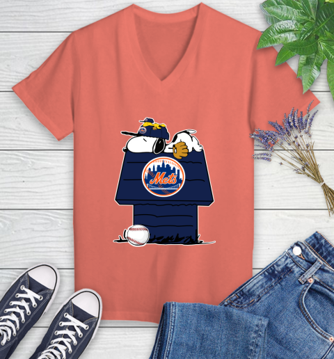 MLB New York Mets Snoopy Woodstock The Peanuts Movie Baseball T Shirt Women's V-Neck T-Shirt 6