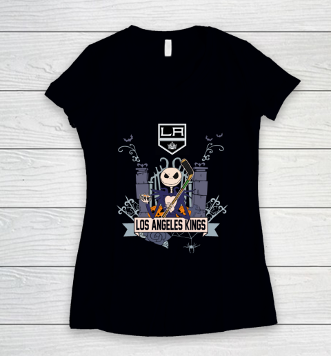 NHL Los Angeles Kings Hockey Jack Skellington Halloween Women's V-Neck T-Shirt