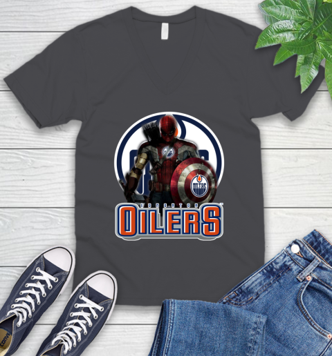 NHL Captain America Thor Spider Man Hawkeye Avengers Endgame Hockey Edmonton Oilers V-Neck T-Shirt 5