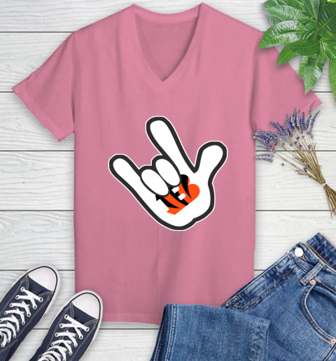Cincinnati Bengals NFL Football Mickey Rock Hand Disney Women's V-Neck T-Shirt 13