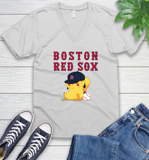 MLB Pikachu Baseball Sports Boston Red Sox V-Neck T-Shirt