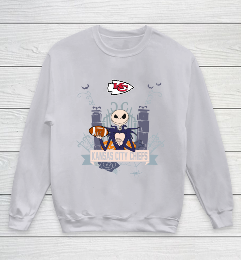 NFL Kansas City Chiefs Football Jack Skellington Halloween Youth Sweatshirt 3