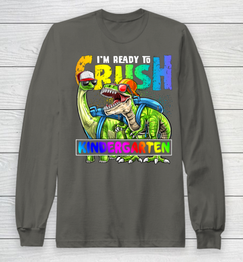Next Level t shirts I m Ready To Crush Kindergarten T Rex Dino Holding Pencil Back To School Long Sleeve T-Shirt 5