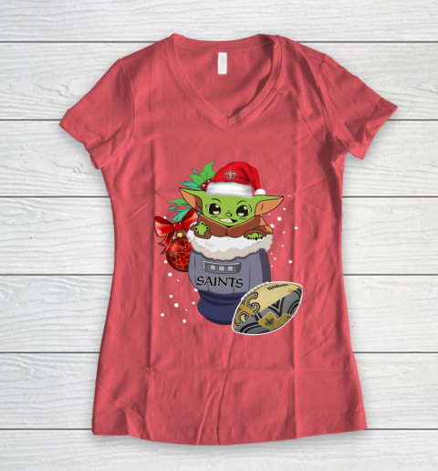 New Orleans Saints Christmas Baby Yoda Star Wars Funny Happy NFL Women's V-Neck T-Shirt 6