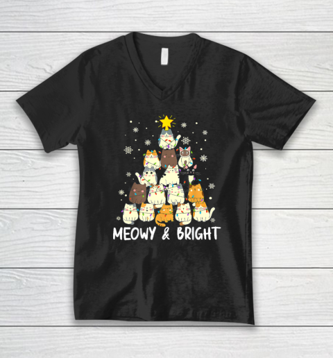 Meowy Catmas Cat Christmas Tree Xmas Girls Boys Funny Santa V-Neck T-Shirt