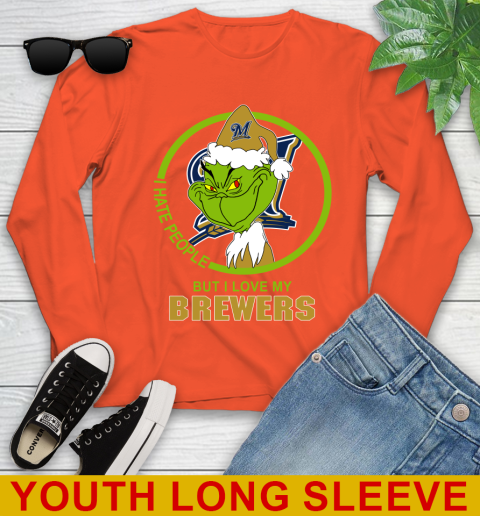 Milwaukee Brewers MLB Christmas Grinch I Hate People But I Love My Favorite Baseball Team Youth Long Sleeve 4