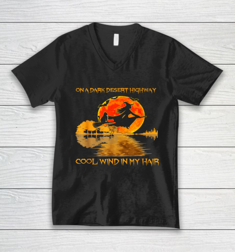 On A Dark Desert Highway T Shirt Witch Cat Halloween V-Neck T-Shirt