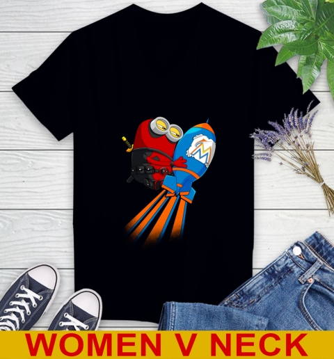 MLB Baseball Miami Marlins Deadpool Minion Marvel Shirt Women's V-Neck T-Shirt