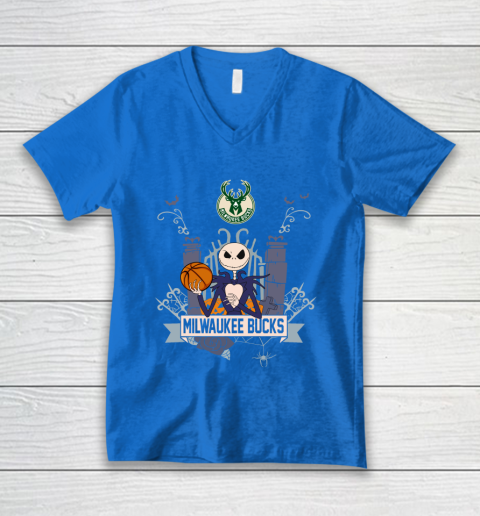 NBA Milwaukee Bucks Basketball Jack Skellington Halloween V-Neck T-Shirt 5