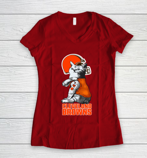 NFL Football My Cat Loves Cleveland Browns Women's V-Neck T-Shirt 8