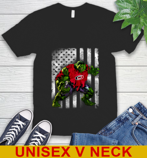 Carolina Hurricanes Hulk Marvel Avengers NHL Hockey American Flag V-Neck T-Shirt