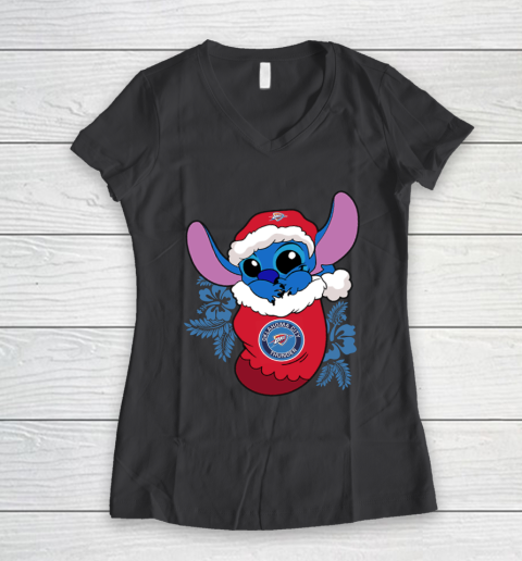 Oklahoma City Thunder Christmas Stitch In The Sock Funny Disney NBA Women's V-Neck T-Shirt 8