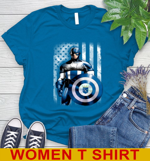 Kansas City Royals MLB Baseball Captain America Marvel Avengers American Flag Shirt Women's T-Shirt 8
