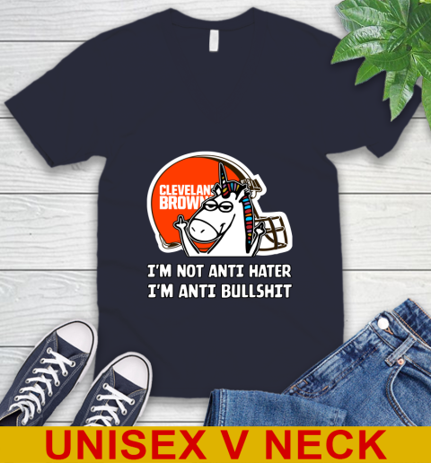 Cleveland Browns NFL Football Unicorn I'm Not Anti Hater I'm Anti Bullshit V-Neck T-Shirt 3