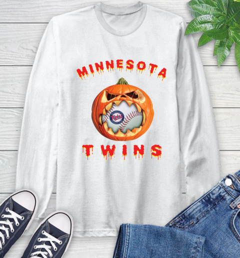MLB Minnesota Twins Halloween Pumpkin Baseball Sports Long Sleeve T-Shirt