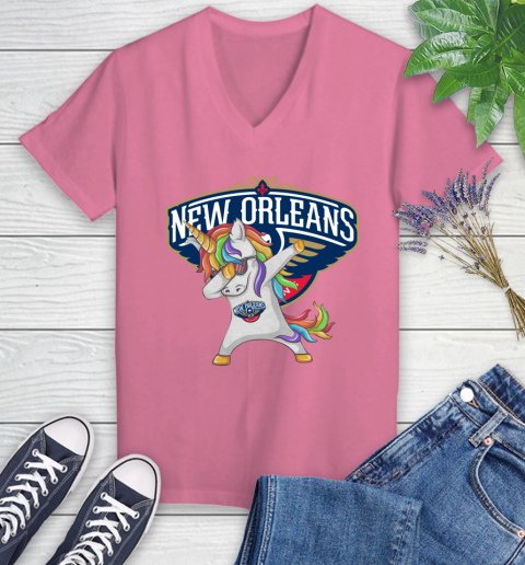 New Orleans Pelicans NBA Basketball Funny Unicorn Dabbing Sports Women's V-Neck T-Shirt 13