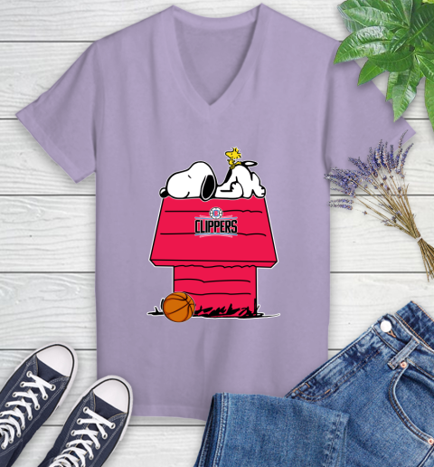 LA Clippers NBA Basketball Snoopy Woodstock The Peanuts Movie Women's V-Neck T-Shirt 14