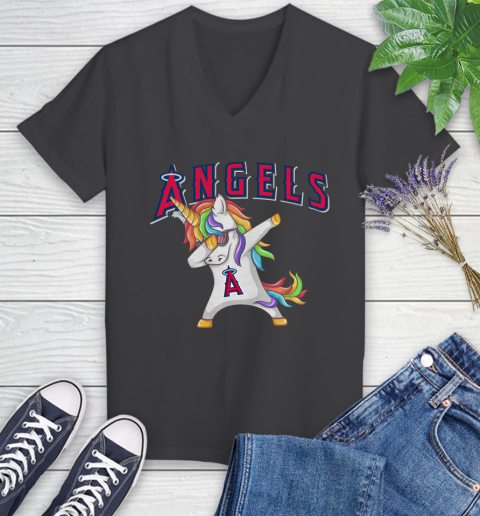 Los Angeles Angels MLB Baseball Funny Unicorn Dabbing Sports Women's V-Neck T-Shirt 8