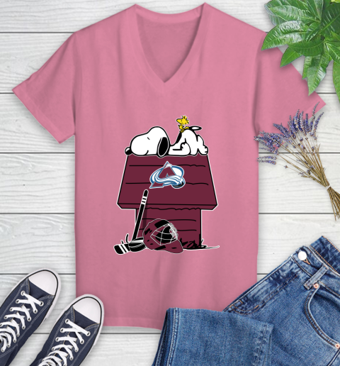 Colorado Avalanche NHL Hockey Snoopy Woodstock The Peanuts Movie Women's V-Neck T-Shirt 13