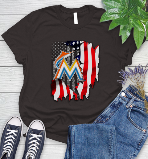 Miami Marlins MLB Baseball American Flag Women's T-Shirt 11