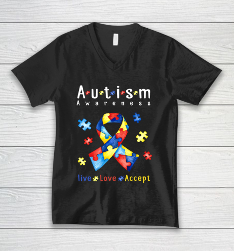 Live Love Accept Autism Awareness Month Ribbon Puzzle V-Neck T-Shirt