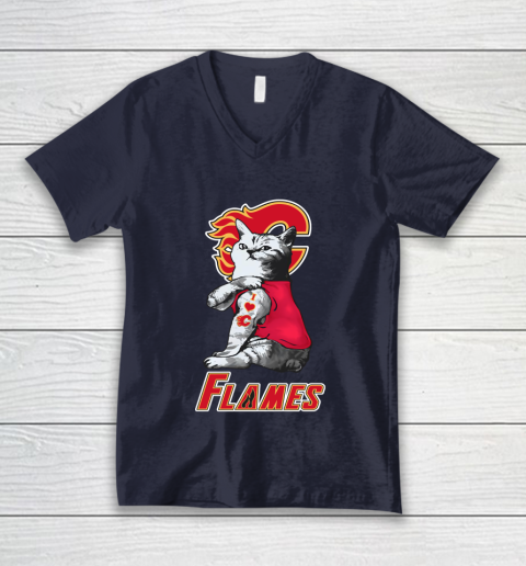 NHL My Cat Loves Calgary Flames Hockey V-Neck T-Shirt 2