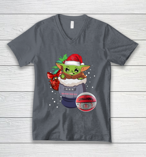 Houston Rockets Christmas Baby Yoda Star Wars Funny Happy NBA V-Neck T-Shirt 5