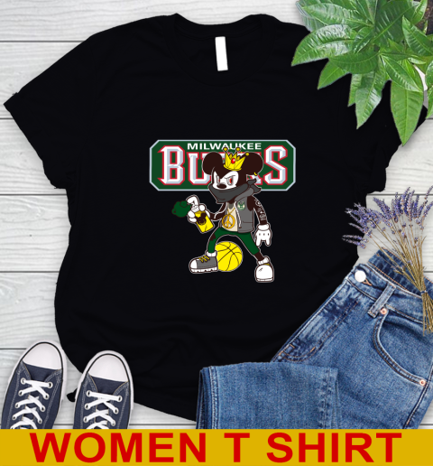 Milwaukee Bucks NBA Basketball Mickey Peace Sign Sports Women's T-Shirt 2
