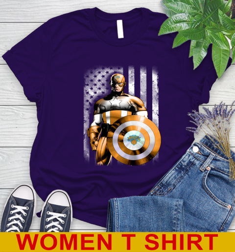 New York Knicks NBA Basketball Captain America Marvel Avengers American Flag Shirt Women's T-Shirt 4