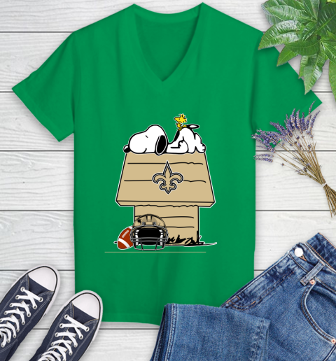 New Orleans Saints NFL Football Snoopy Woodstock The Peanuts Movie Women's V-Neck T-Shirt 5