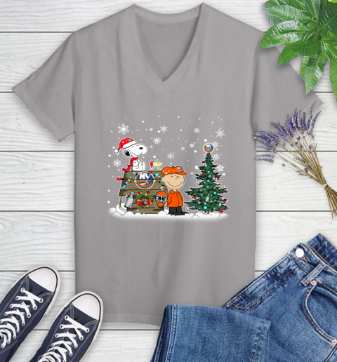 NHL New York Islanders Snoopy Charlie Brown Woodstock Christmas Stanley Cup Hockey Women's V-Neck T-Shirt 4