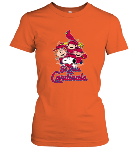 St.Louis Cardinals Snoopy Charlie Brown Woodstock The Peanuts gb2k stlouis cardinals snoopy charlie brown woodstock the peanuts ladies t shirt 20 front orange