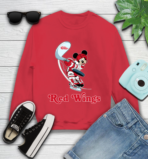 NHL Hockey Detroit Red Wings Cheerful Mickey Mouse Shirt Youth Sweatshirt 8