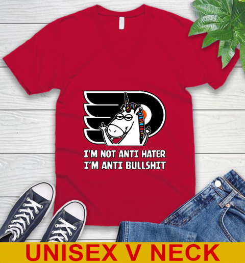 Philadelphia Flyers NHL Hockey Unicorn I'm Not Anti Hater I'm Anti Bullshit V-Neck T-Shirt 7