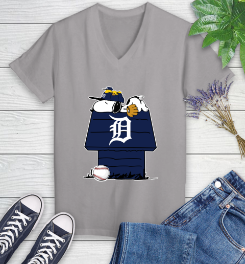 MLB Detroit Tigers Snoopy Woodstock The Peanuts Movie Baseball T Shirt Women's V-Neck T-Shirt 4