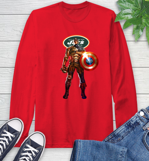 NFL Captain America Marvel Avengers Endgame Football Sports New York Jets Long Sleeve T-Shirt 10