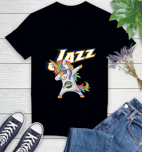 Utah Jazz NBA Basketball Funny Unicorn Dabbing Sports Women's V-Neck T-Shirt 2