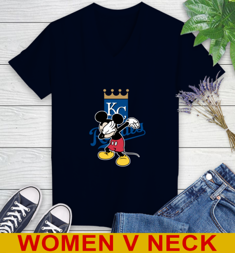 Kansas City Royals MLB Baseball Dabbing Mickey Disney Sports Women's V-Neck T-Shirt 3