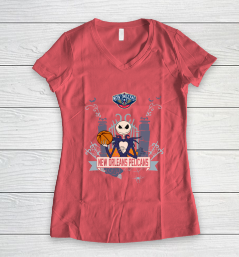 NBA New Orleans Pelicans Basketball Jack Skellington Halloween Women's V-Neck T-Shirt 4