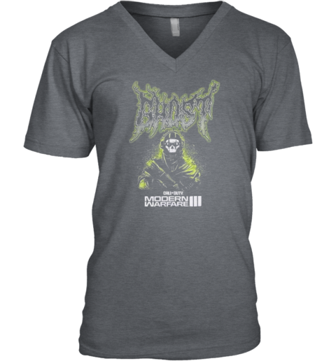 Modern Warfare III Ghost Metal V-Neck T-Shirt 0vl5 modern warfare iii ghost metal v neck unisex 8 front dark heather
