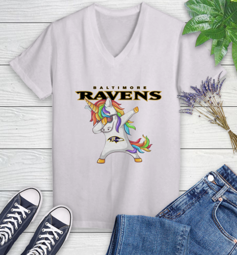 Baltimore Ravens NFL Football Funny Unicorn Dabbing Sports Women's V-Neck T-Shirt