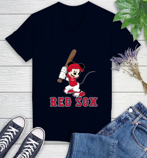 MLB Baseball Boston Red Sox Cheerful Mickey Mouse Shirt Women's V-Neck T-Shirt 3