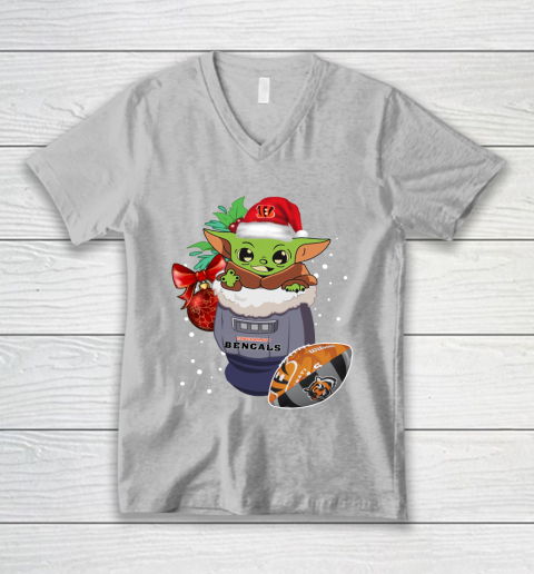 Cincinnati Bengals Christmas Baby Yoda Star Wars Funny Happy NFL V-Neck T-Shirt 4
