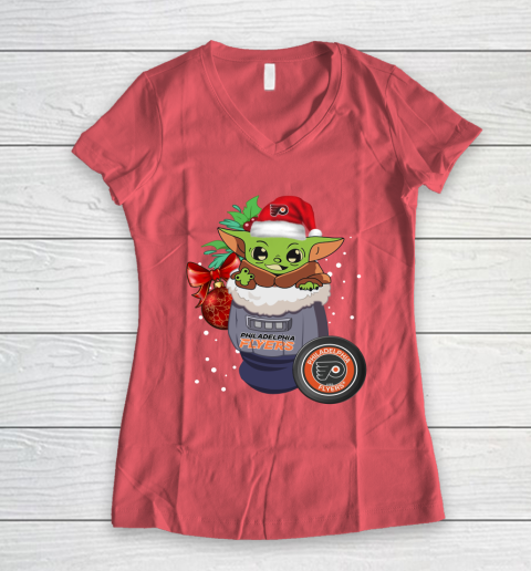Philadelphia Flyers Christmas Baby Yoda Star Wars Funny Happy NHL Women's V-Neck T-Shirt 6