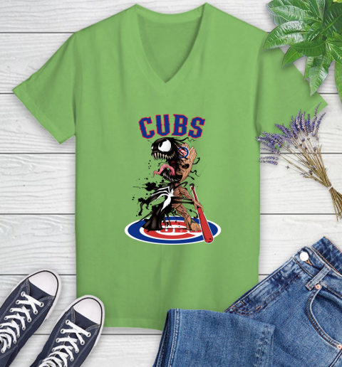 MLB Chicago Cubs Baseball Venom Groot Guardians Of The Galaxy Women's V-Neck T-Shirt 11