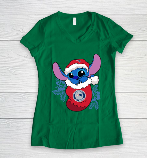 New England Patriots Christmas Stitch In The Sock Funny Disney NFL Women's V-Neck T-Shirt 5