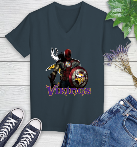NFL Captain America Thor Spider Man Hawkeye Avengers Endgame Football Minnesota Vikings Women's V-Neck T-Shirt 8