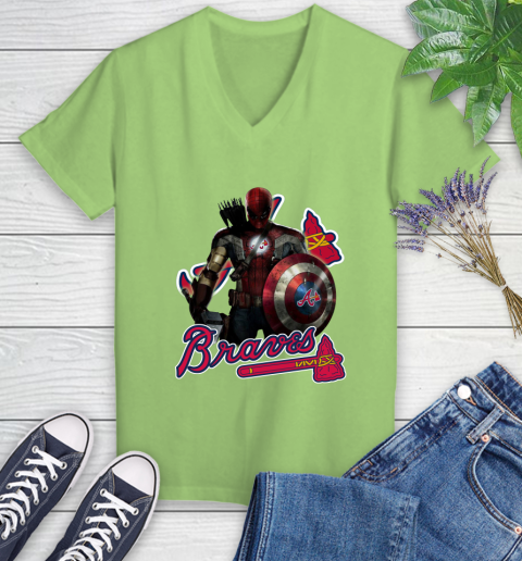 MLB Captain America Thor Spider Man Hawkeye Avengers Endgame Baseball Atlanta Braves Women's V-Neck T-Shirt 11